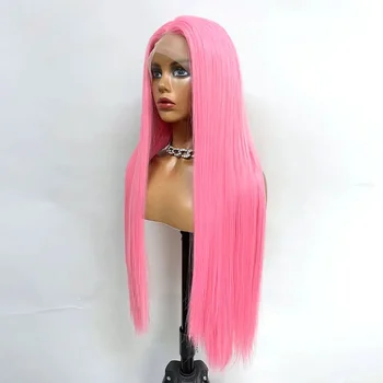 28 дюймов Шелковистые прямые волосы Синтетические парики на кружеве спереди Длинный розовый парик Высокотемпературные парики с натуральной линией роста волос Парики для женщин