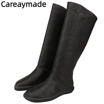 Careaymade-женские ботинки из 100% натуральной кожи, однотонные длинные ботинки с круглым носком, весенние высокие ботинки с ручной росписью в стиле ретро на плоской подошве