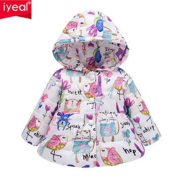 IYEAL Модная детская осенне-зимняя куртка с хлопковой подкладкой, одежда для девочек, детская одежда, теплая толстая верхняя одежда с капюшоном и принтом, пальто