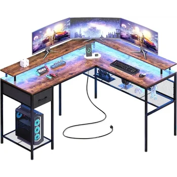 L-образный стол, Компьютерный стол со светодиодной подсветкой и розетками, игровой стол с полками для хранения