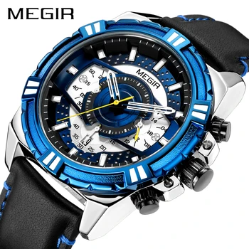 MEGIR Спортивные кварцевые часы для мужчин с кожаным ремешком, водонепроницаемым светящимся хронографом, мужские часы, лучший бренд класса Люкс Relogio Masculino