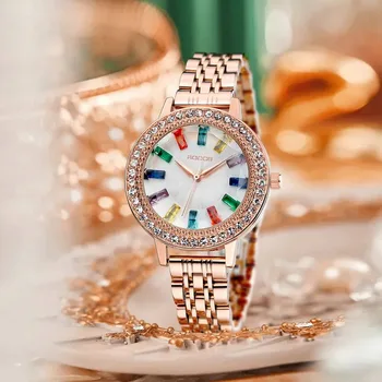 ROCOS Роскошные Элегантные Часы для Женщин из Розового Золота, Модные Женские Кварцевые Наручные Часы с Бриллиантами, Женские Наручные Часы R0260