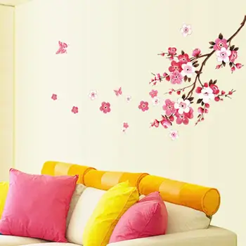 [В продаже] Съемная наклейка на стену с бабочками розового цвета и рисунком цветка персика для гостиной спальни