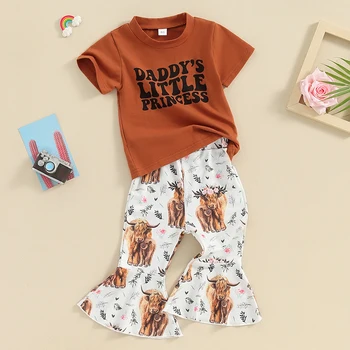 Весенние наряды для маленьких девочек из 2 предметов, Футболка с коротким рукавом, расклешенные штаны с принтом коровы, Комплект одежды для малышей