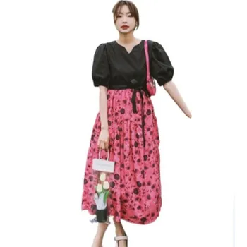 Весна / лето 2023, Новое женское платье в стиле пэчворк с рукавами-фонариками, Корейская уличная одежда, Милое модное платье с розовым принтом, Vestidos