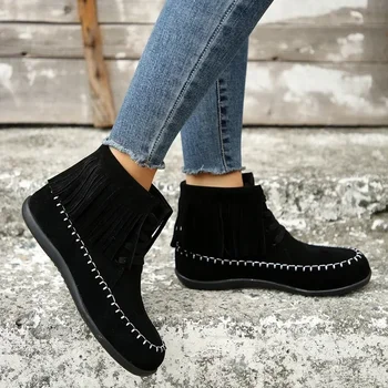 Горячая распродажа 2023 года, Женская обувь, зимние женские ботинки на шнуровке, круглый носок, Однотонный флок, Короткий бочонок, Римские сапоги с кисточками большого размера