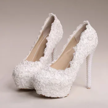 Жемчужные женские туфли на высоком каблуке с острым носком на шпильке, белое кружевное свадебное платье на платформе, роскошная женская обувь для вечеринок