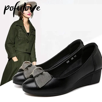 Женская обувь Pofulove, Кожаная женская обувь на танкетке и платформе, Офисная женская обувь для женщин, весна-осень, женские Zapatos, Оксфорды, модные