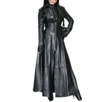 Женский черный кожаный тренч, длинное пальто в стиле панк, готика, Европейский и американский модный тренд