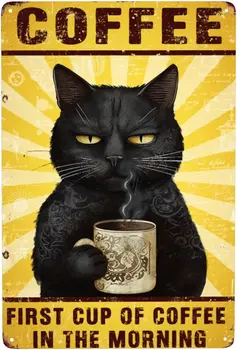 Жестяные Вывески Black Cat, Первая Чашка Кофе Утром Винтажный Декор Стен Ретро-Арт Жестяная Вывеска С Надписью Coffee Sign