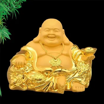Золотая Счастливая Смола Фэншуй Статуя Смеющегося Будды Буддизм Деньги Скульптура Будды Майтрейи Статуэтки Украшение дома Гостиной