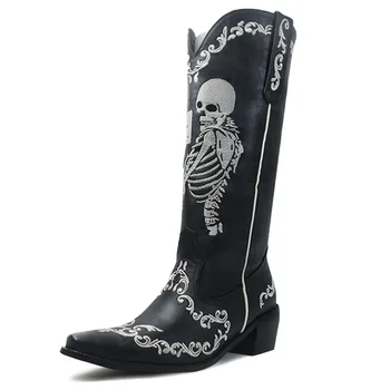 Ковбойские сапоги в стиле Вестерн на Хэллоуин с цветочным рисунком для женщин 2023, Женские ботинки с вышивкой черепа, ретро-ботинки, Обувь Zapatos Mujer