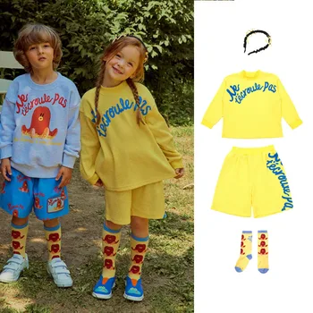 Комплект детской толстовки, осень 2023, Новая корейская версия одежды из чистого хлопка для мальчиков и девочек, повседневные шорты с капюшоном в стиле Ins