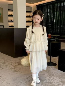 Комплект для девочек Осень 2023, Новый детский комплект однотонного осеннего платья в корейском стиле с длинными рукавами, удобный хлопковый