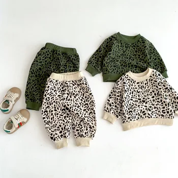 Комплект одежды для новорожденных из 2 предметов, пуловер с длинным рукавом, леопардовая толстовка, топы + Низ брюк с эластичной резинкой на талии, верхняя одежда, осенняя одежда