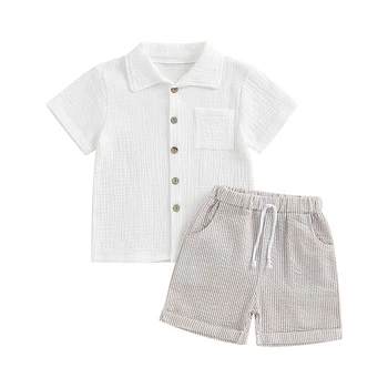 Комплект одежды из 2 предметов для маленьких мальчиков, футболка с коротким рукавом и эластичные полосатые шорты, летний комплект одежды