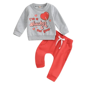Комплект спортивных костюмов из 2 предметов для маленьких мальчиков и девочек, толстовка с длинными рукавами и буквенным принтом в виде сердца, штаны на завязках, наряды для малышей на День Святого Валентина