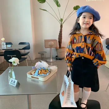 Корейская детская одежда 2023, весенняя новая модная рубашка с принтом в стиле ретро, детская вельветовая рубашка маленького среднего размера от 1 до 8 лет