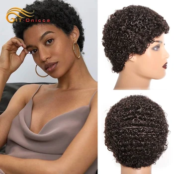 Короткие Афро-Кудрявые парики с вьющимися волосами для чернокожих женщин, готовые к носке, Парики из человеческих волос с челкой, Бразильские парики в стиле Пикси, Человеческие волосы