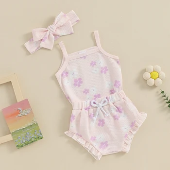 Летняя одежда для новорожденной девочки из 3 предметов, комбинезон без рукавов с цветочным рисунком, короткий комплект с эластичной резинкой на талии и милой повязкой на голову