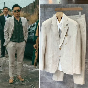 Льняной блейзер, мужской костюм 2023, Мужская одежда, Роскошный Дизайнерский Белый Повседневный деловой комплект, высококачественная куртка