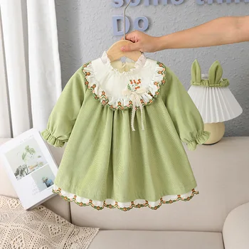 Милое флисовое платье для маленьких девочек, водолазка с цветочной вышивкой, Трапециевидный вырез с длинным рукавом, нежно-зеленые детские платья на каждый день
