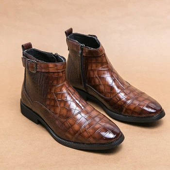 Модные кожаные ботинки с пряжкой, Мужская Обувь, Ботильоны с рисунком крокодиловой кожи, Туфли-оксфорды, Кожаные мужские ботинки в деловом стиле