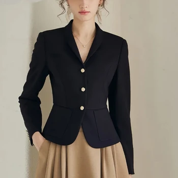 Модный деловой осенний черный пиджак-блейзер, женские пальто, офисная рабочая одежда, верхняя одежда, тонкие элегантные винтажные короткие блейзеры