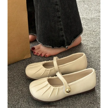 Модный дизайн, женская обувь на плоской подошве из мягкой кожи, Весна-осень 2023, Универсальная плиссированная Удобная обувь с мелким ртом