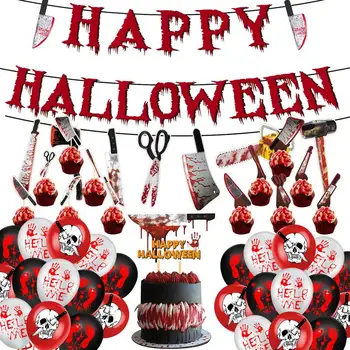 Набор украшений для вечеринки в честь Хэллоуина с воздушными шарами в кровавой тематике, Набор баннеров на тему Счастливого Хэллоуина в кровавой тематике с начинкой для кексов