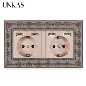 Настенная розетка стандарта ЕС UNKAS на 2 группы с 4 портами для зарядки USB, скрытый мягкий светодиодный индикатор, панель с 4D тиснением, панель из цинкового сплава в стиле ретро.