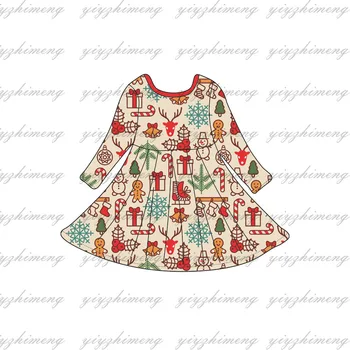Новейший дизайн, детское платье для девочек в рождественском стиле, палевый + подарок + конфетный узор, платье с длинным рукавом, одежда для девочек