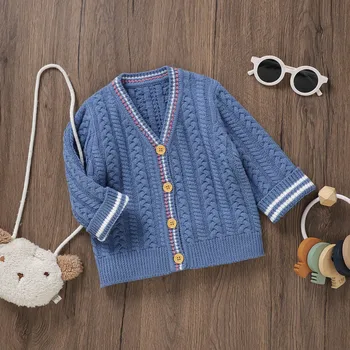 Новый комфортный детский свитер с длинным рукавом из плотного трикотажного хлопка Осенняя верхняя одежда Топы Одежда для маленьких мальчиков и девочек Кардиган Толстовка