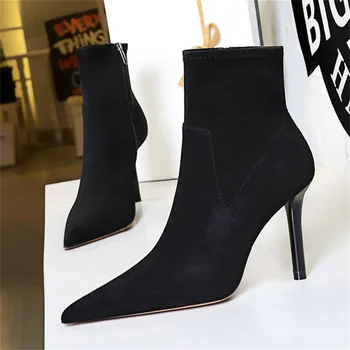 Обувь BIGTREE/ Осенние женские ботильоны с острым носком, Черные пикантные женские короткие ботинки на высоком каблуке-шпильке с застежкой-молнией