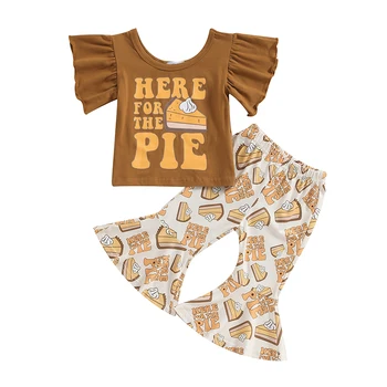 Одежда для маленьких девочек из 2 предметов на День Благодарения с буквенным принтом, топы с круглым вырезом и расклешенными брюками с рисунком пирога