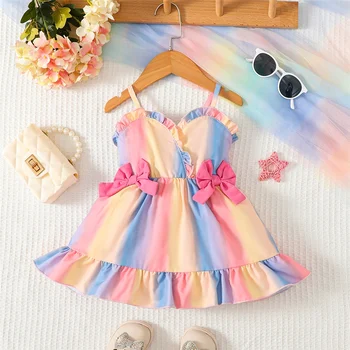 Платье цвета радуги для девочки 0-3 лет, модное платье с бантом на подтяжках, милая одежда для маленьких девочек, летняя одежда для повседневных встреч