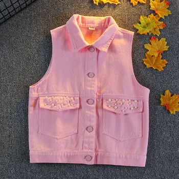 Повседневный розовый джинсовый жилет для девочек, карманы с жемчужным декором, отложной воротник, однобортный детский жилет, милая детская одежда