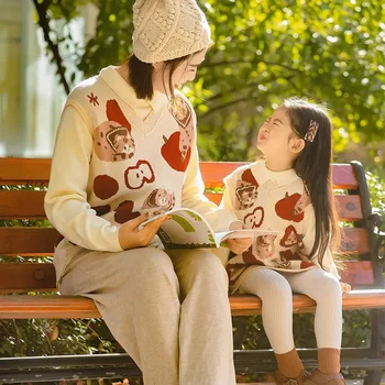 Подходящие свитера для семьи, отца, матери, дочери и сына, одинаковые вязаные джемперы без рукавов, детская одежда-жилет, осень, женщины, Зима
