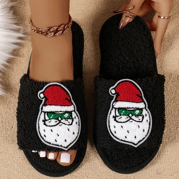 Рождественские хлопчатобумажные тапочки с принтом Санта-Клауса, Слайды с открытым носком, Пара домашней обуви на плоской мягкой подошве, Женские удобные тапочки