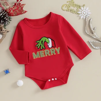 Рождественский комбинезон для маленьких мальчиков и девочек с нечеткой вышивкой, боди с круглым вырезом Grinch, комбинезон для новорожденных Grinch Playsuit