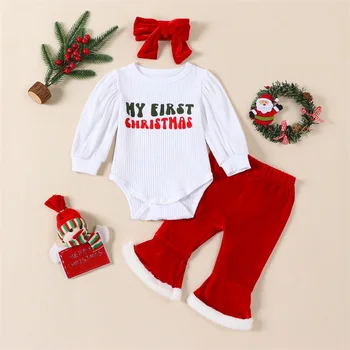 Рождественский наряд для маленьких девочек, толстовка с длинным рукавом и буквенным принтом Санта-Клауса, комбинезон, расклешенные брюки, комплект