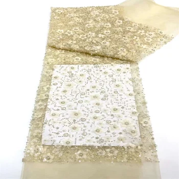 Роскошная Африканская кружевная ткань с блестками 2023, французская сетчатая 3D-вышивка, Нигерийская вечеринка, Золотая линия, Материал FZ333