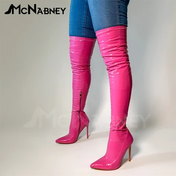 Сапоги выше колена из лакированной кожи, узкие ботинки на молнии, разноцветные пикантные туфли на заказ, женская зимняя обувь на шпильке с острым носком.