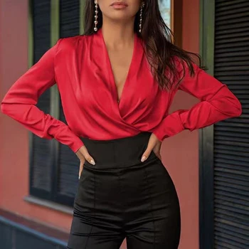 Сексуальная красная рубашка для женской одежды 2024 Модная элегантная женская офисная блузка, однотонные осенне-весенние топы с v-образным вырезом и длинными рукавами