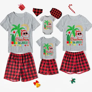 Семейные пижамы в тон Рождеству, Июльские комплекты серых коротких пижам Санта-Клауса