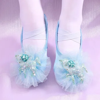 Сетчатые женские танцевальные туфли с рисунком из мультфильма, синие, розовые, детская Женская обувь для взрослых, Детские балетные кроссовки, Балетные сапоги для девочек, балетки