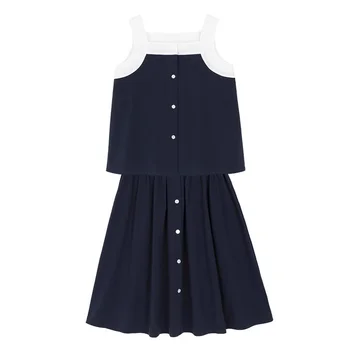 Темно-синяя однотонная юбка для девочек, комплект из 2 предметов, жилет на бретелях + плиссированные юбки, юбка, новая летняя одежда для семьи 
