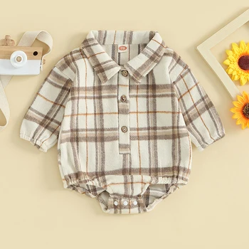 Фланелевый клетчатый комбинезон для новорожденного Мальчика, рубашка с длинным рукавом и пуговицами на лацканах, Боди большого размера, Осенне-зимняя одежда